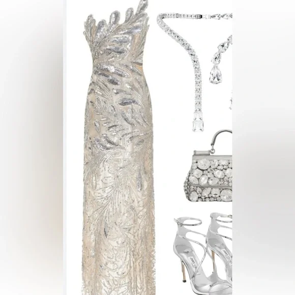 Oscar de la Renta  fern crystal embroidered gown- silver - Picture 6 of 11